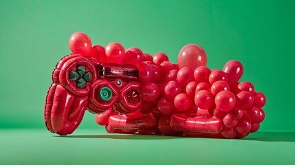 Artistic Installation of Red Balloon Sculptures on Vibrant Green Background