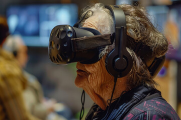 Elderly woman immersed in VR experience