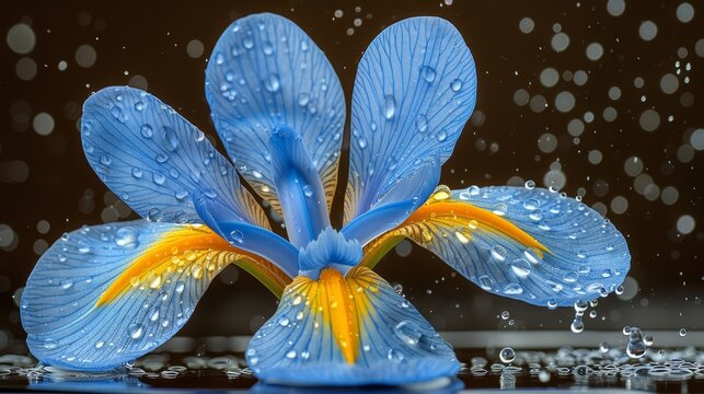   A blue flower's close-up with water drops on petals against a black background