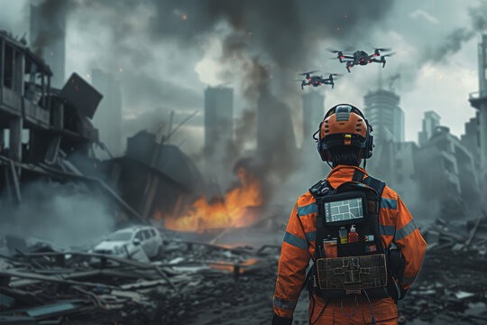 Firefighter with advanced headgear amidst drones