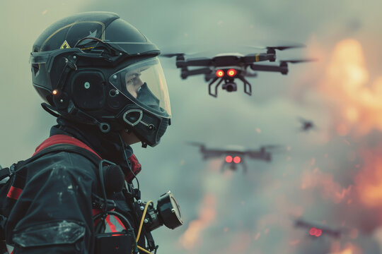 Rescue worker with helmet and drones in disaster zone