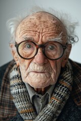 an old man wearing plump glasses is alone, isolated on grey background