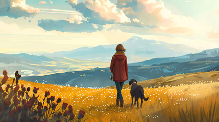 Illustration. A girl walks with a dog - obrazy, fototapety, plakaty