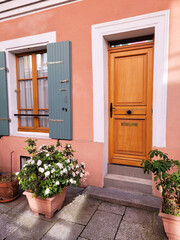 Fototapeta na wymiar The door of the house and the flowers in front of the door. Facade decorations of a vintage house with green plants. Home garden. Side view