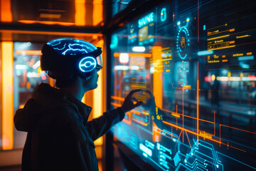 Man using holographic interface in neon-lit city