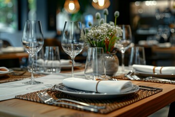 Elegant luxury table setting with fancy glassware in restaurant