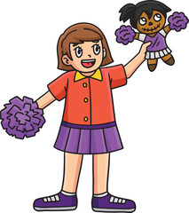 Cheerleader Girl Doll and Pompoms Cartoon Clipart