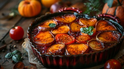  A tight shot of a pie in a pan on the table, surrounded by nearby fruits and vegetables - obrazy, fototapety, plakaty