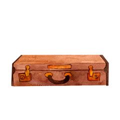 Composition of antique leather suitcases hand-painted in vintage style watercolor object isolated on a white background. Interior decor and wall art on retro themes, travel, libraries, books, museums