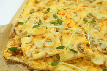 Detailed view of a freshly baked pizza topped with savory mushrooms