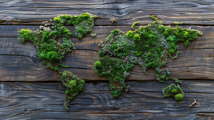 The earthday concept - world map made of moss rusti wood