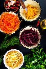 grated color carrot in bowls, raw carrot - 786630841