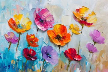 Abstract painting with colorful flowers on canvas, with an oil palette knife texture, on an acrylic background, in the style of impressionism, with vibrant colors, on a white and light blue background