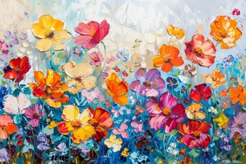 Abstract painting with colorful flowers on canvas, with an oil palette knife texture, on an acrylic background, in the style of impressionism, with vibrant colors, on a white and light blue background