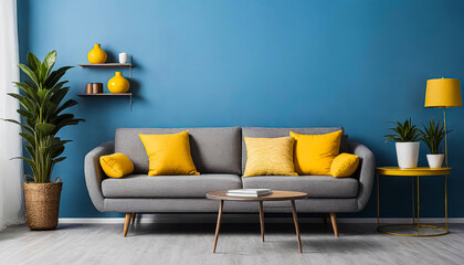 Colorful wall and decorative living room delight, modern colorful home mockup sofa wall template, home interior concept. 3d rendering. Generative AI. V-1