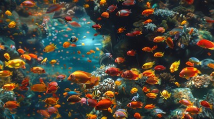   A sizable assembly of orange and yellow fish swim in an expansive aquarium teeming with corals and various multi-colored fish