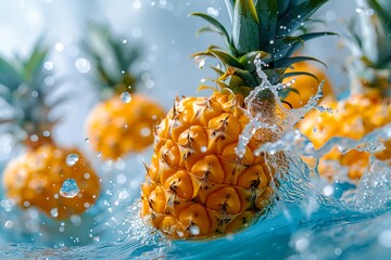 Pool party, pineapples in swimming in water at sunny day