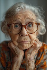 An old woman wearing plump glasses is alone, isolated on grey background