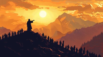 Silhouette of jesus preaching sermon on mountain top in ministry  biblical gospel teaching