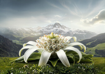 Sunrise over the Alps with a blooming edelweiss, symbol of Alpine purity and beauty