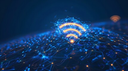 Abstract digital connectivity concept with glowing Wi-Fi symbol on blue background