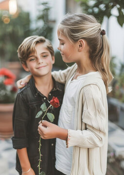 Young boy giving a rose to a girl on a sunny day, epitomizing innocent affection