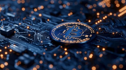 A dark blue and golden bitcoin on a digital background