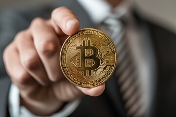 A businessman holding a bitcoin