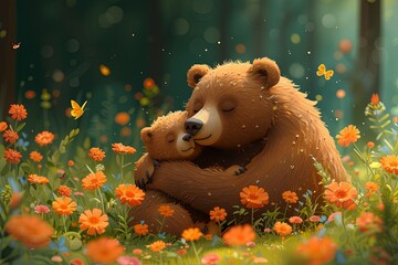 Tender Embrace: Mother Bear and Cub in a Floral Meadow