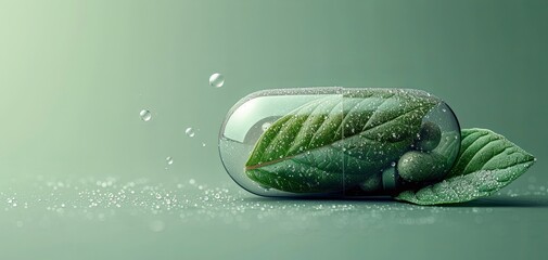 Nature's Essence: Pill Capsule with Green Leaf and Water Drops