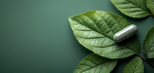 Botanical Wellness: Capsule on Green Leaves Background