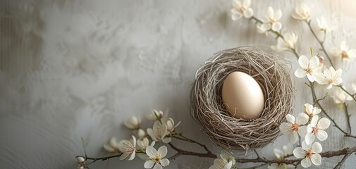 Serene Easter: Golden Egg in Nest with Blossoming Branches