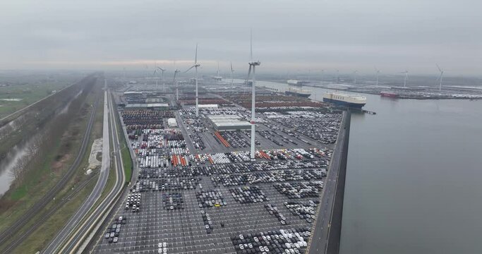 The largest RoRo terminal and transportation of rolling vehicles over seas. Roll on, Roll off. Port of Zeebrugge, Belgium. Aerial drone view.