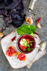 Traditional Ukrainian Russian borscht . Bowl of red beet root soup borsch with white cream . Beet Root delicious soup . - 786631611