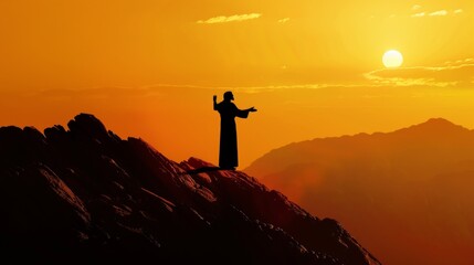 Silhouette of jesus preaching sermon on mountain top in ministry, biblical gospel teaching