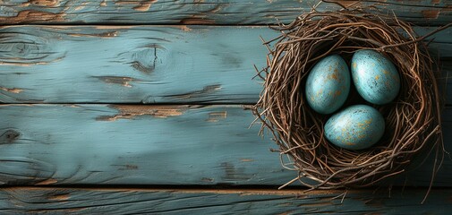 Rustic Easter Elegance: Turquoise Speckled Eggs in Nest on Vintage Wood