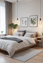  cosy Scandinavian bedroom interior in bright colours 