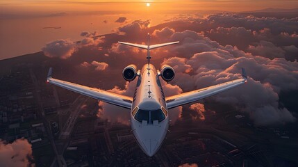Private Jet Glides at Dusk, Sky Painted with Sunset. Concept Air Travel, Aviation Aesthetics, Sunset Dreams, Luxury Lifestyle, Dusk Delights - obrazy, fototapety, plakaty