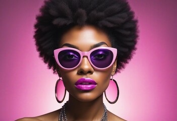 lighting purple pink sunglasses cool wearing afro woman in bright colours 