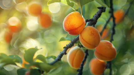 Apricots ripen on tree branches. They're ready to be picked and enjoyed.