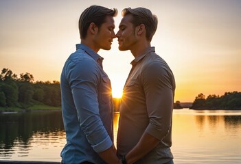 Standing gay men couple in bright colours  - obrazy, fototapety, plakaty