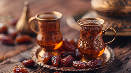 traditional arabic tea with dates - obrazy, fototapety, plakaty