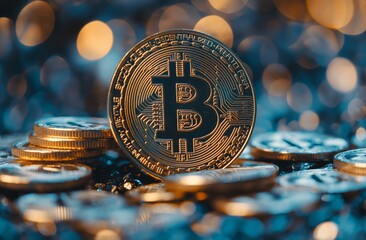 Closeup on a bitcoin with others on a bokeh background