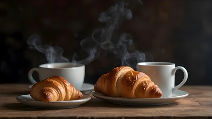 A stack of freshly baked croissants next to a steaming cup of coffee on a rustic plate.  - obrazy, fototapety, plakaty