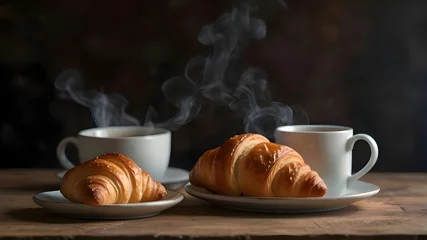 Foto op Plexiglas A stack of freshly baked croissants next to a steaming cup of coffee on a rustic plate.  © Muhammad
