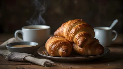 Foto op Plexiglas A stack of freshly baked croissants next to a steaming cup of coffee on a rustic plate.  © Muhammad