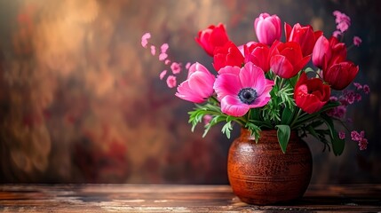   A vase, brimming with red and pink blooms, sits atop a weathered wooden table Behind, a brown and red brick wall stretches