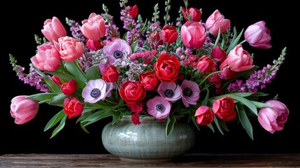 Fototapeta premium A vase, brimming with an abundance of pink and red blossoms, sits atop a weathered wooden table against a backdrop of unadorned blackness