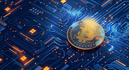 Illustration of a bitcoin on a circuit board background