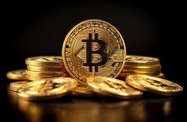 Many bitcoins isolated on a dark background